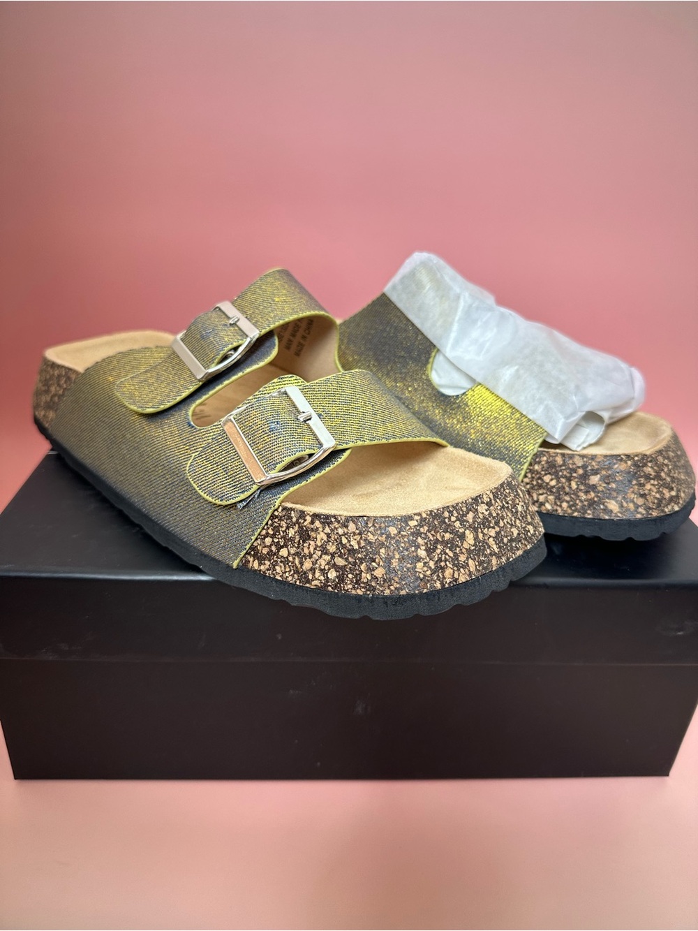 Cape Robbin Metallic Olive Green Dual Buckle Cork Slide Sandals